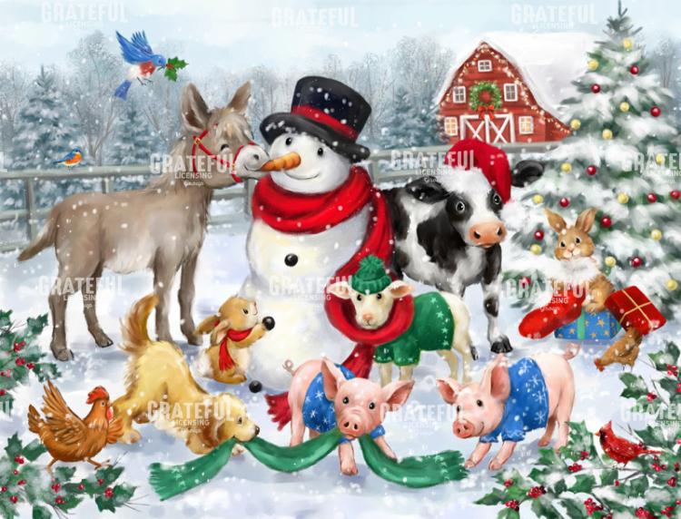 Farm Animals Decorating a Snowman
