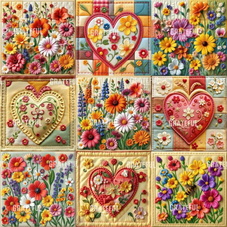 Hearts and Flowers Nine Patch Quilt Block
