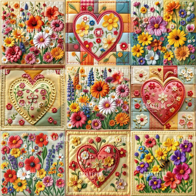 Hearts and Flowers Nine Patch Quilt Block