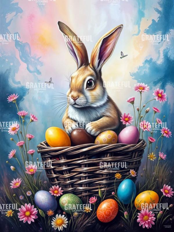 Easter Bunny with Basket and Wildflowers