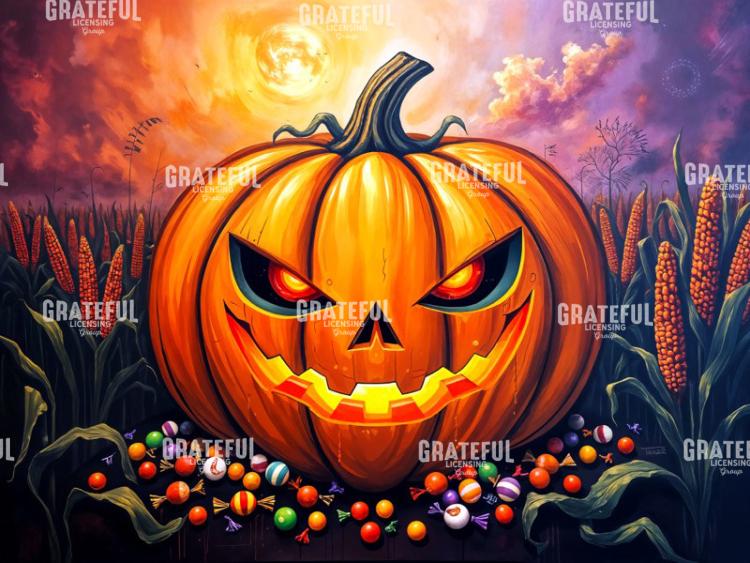 Giant Jack O Lantern in a Cornfield