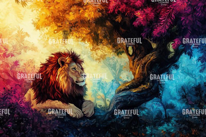 Lion Under a Jungle Tree