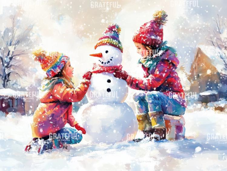 Children with a Snowman in Bright Colors
