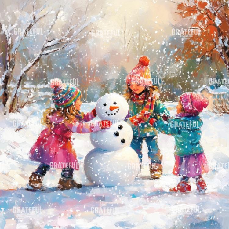 Colorful Children with a Snowman