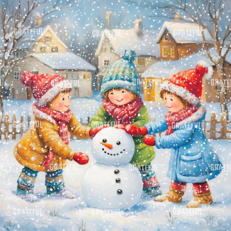 Joyful Children with a Snowman