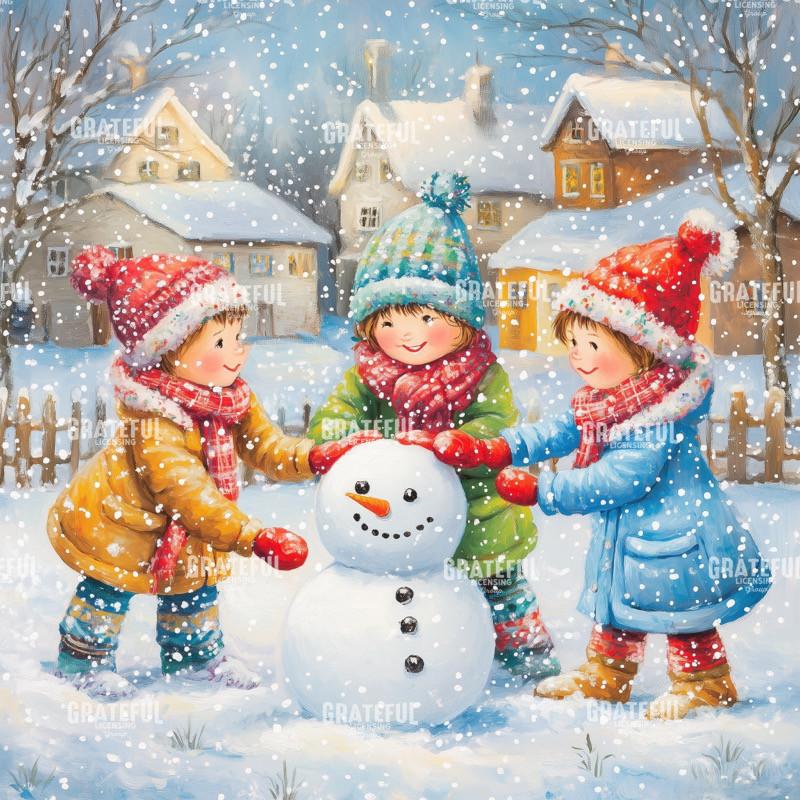 Joyful Children with a Snowman