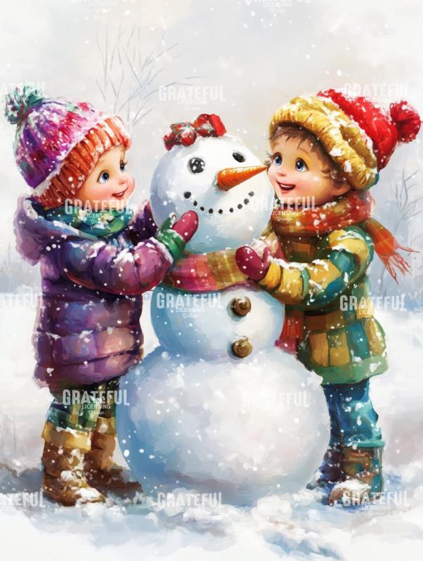 Cheerful Children and a Snowman
