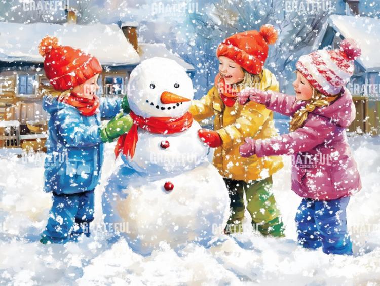 Children with a Snowman, Bright and Bold