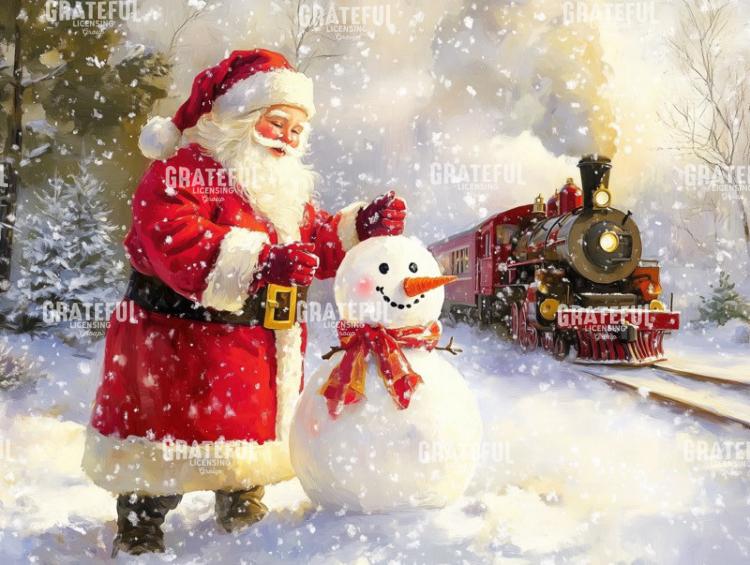 Santa and a Snowman watch the Train