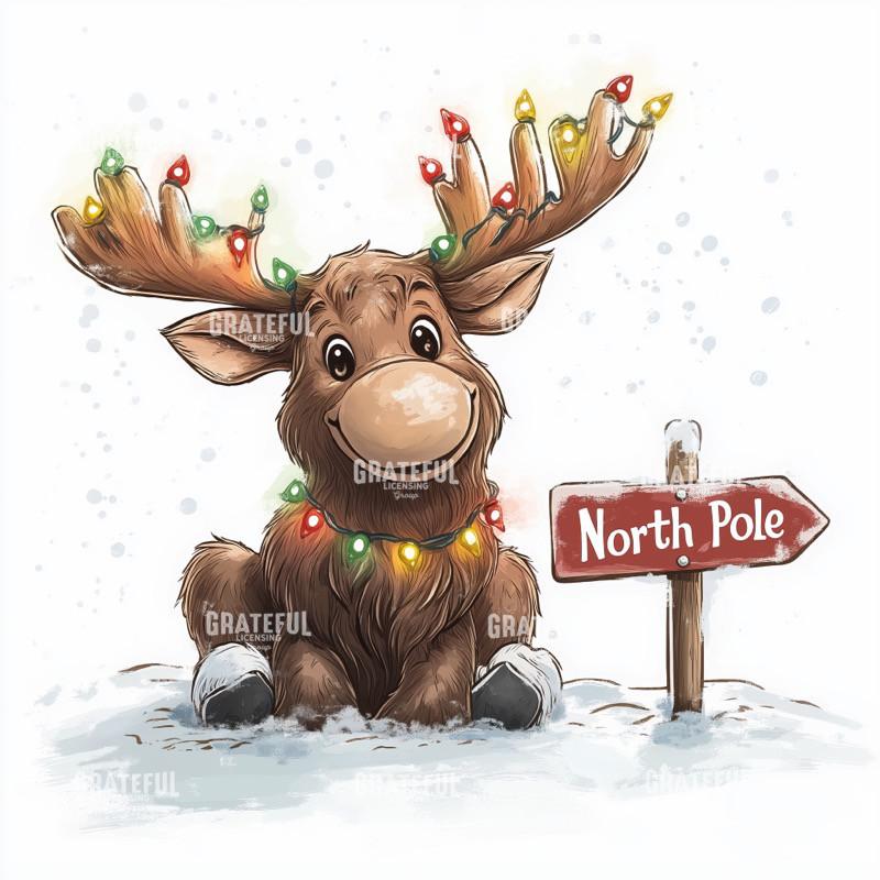 Reindeer with Lights and North Pole Sign