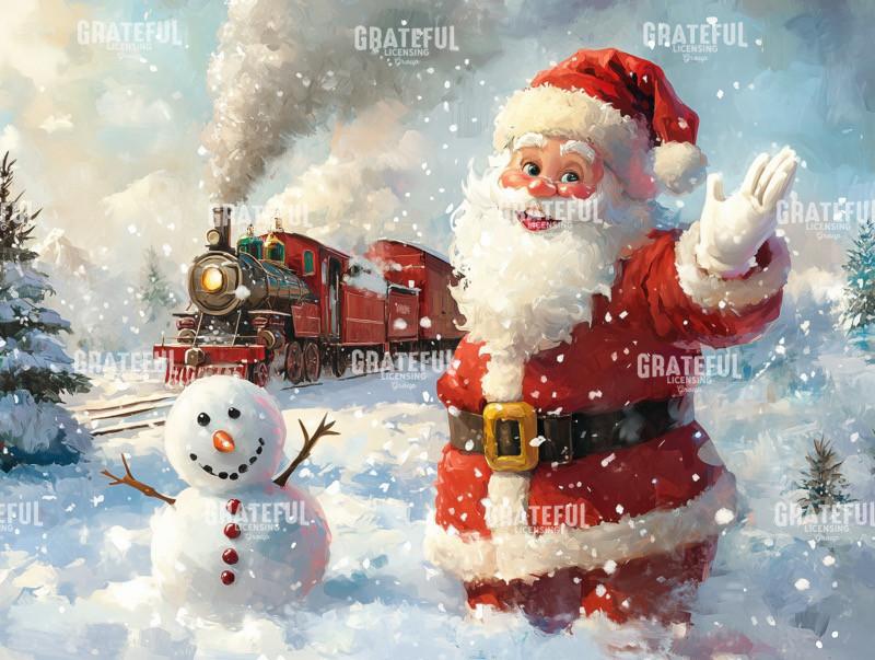 Santa Waving with a Snowman and Train