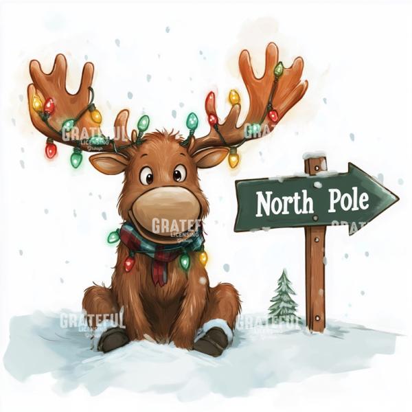 Reindeer with Lights and North Pole Sign