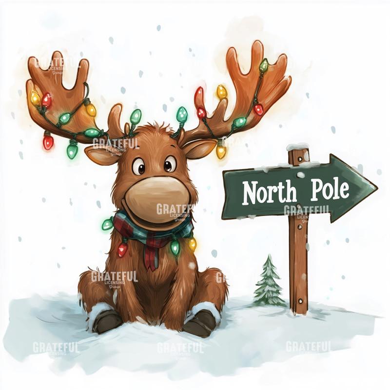 Reindeer with Lights and North Pole Sign