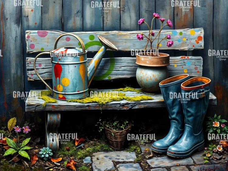 Weathered Bench with Painted Watering Can