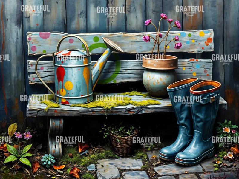 Weathered Bench with Painted Watering Can