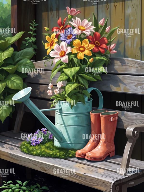 Welcoming Spring Blue Watering Can with Flowers