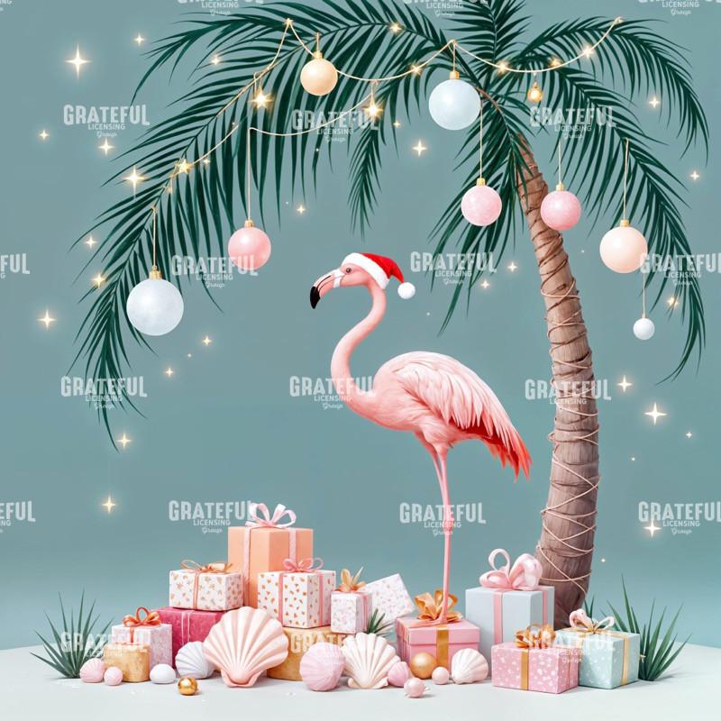 Pink Flamigo with Present and Palm Tree