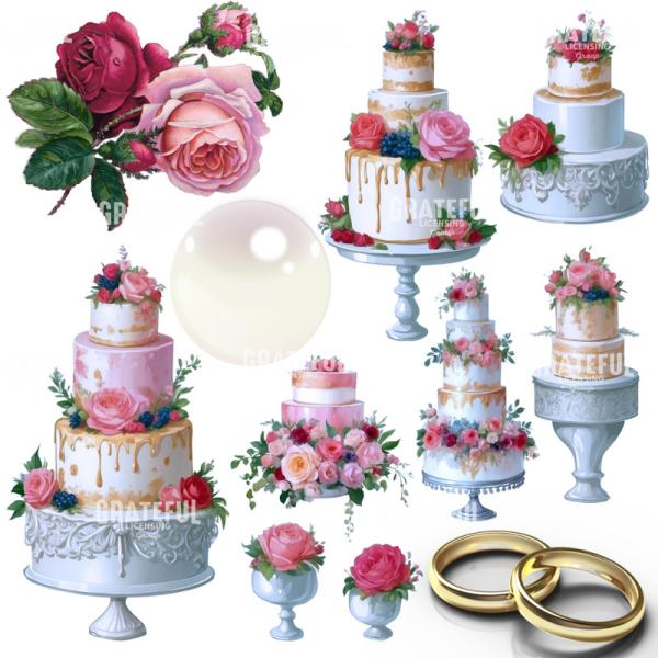 Vintage Wedding Cakes and Gold Rings Layers