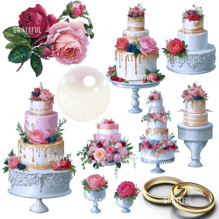Vintage Wedding Cakes and Gold Rings Layers