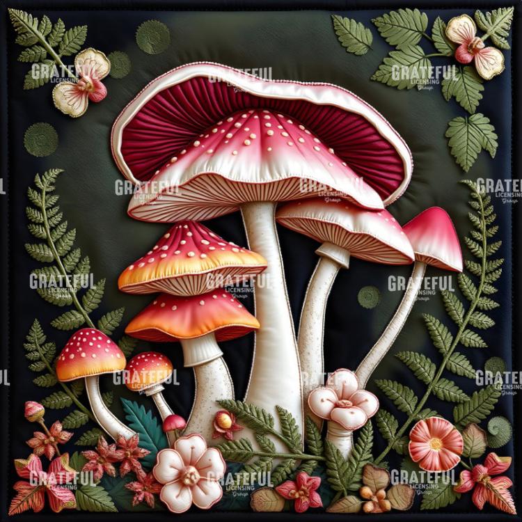 Fantasy Forest Creatures Quilt Block MUSHROOMS