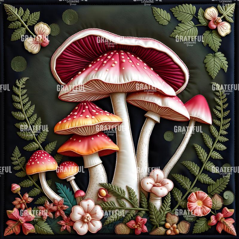 Fantasy Forest Creatures Quilt Block MUSHROOMS