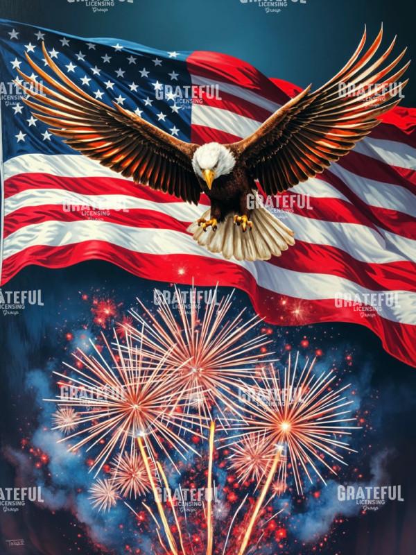 American Flag with Eagle and Fireworks