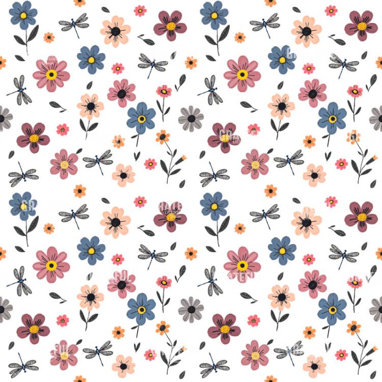 Dragonflies and Colorful Daisies Seamless Pattern