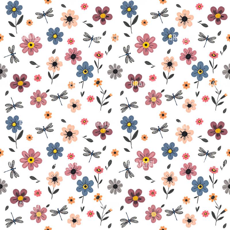 Dragonflies and Colorful Daisies Seamless Pattern