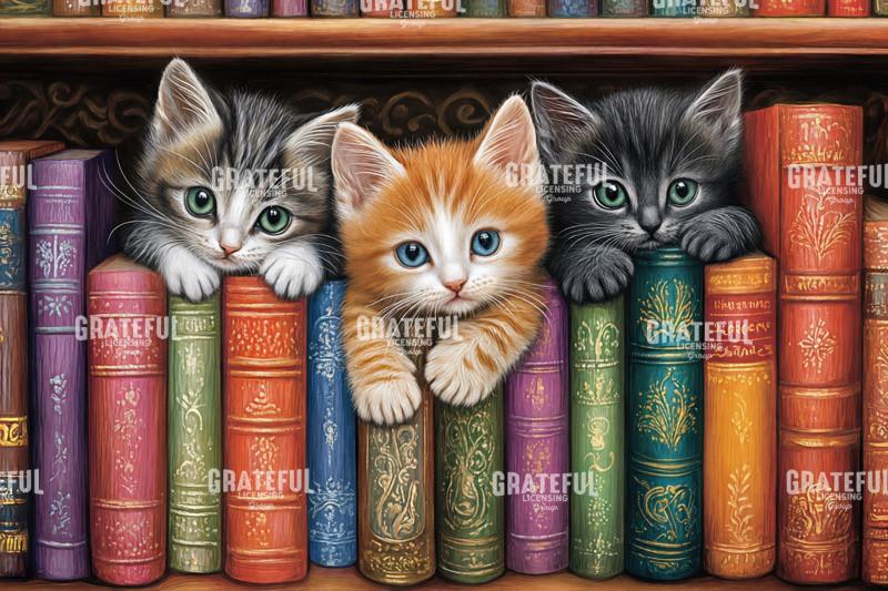Kittens on a Bookshelf 1