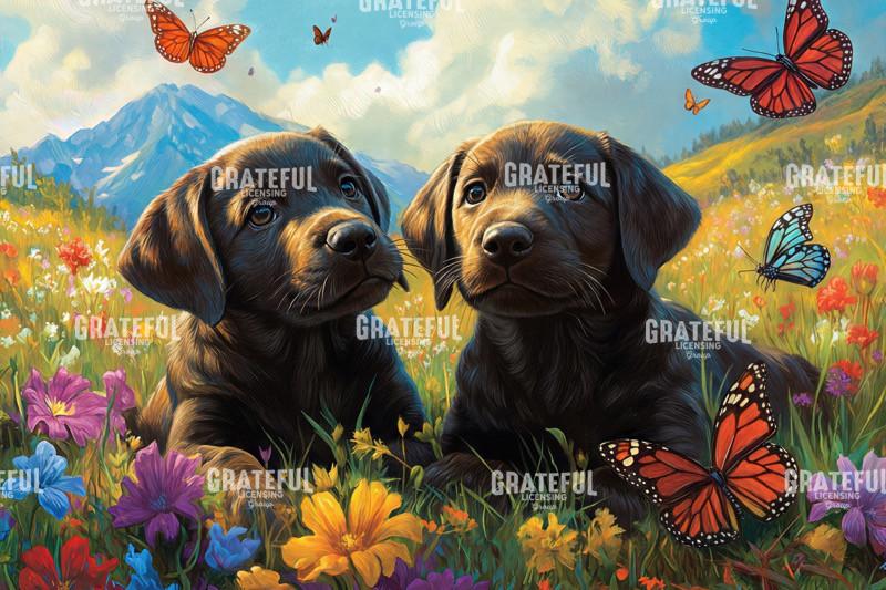 Puppies and Butterflies in a Field