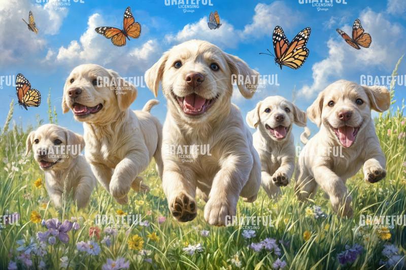Puppies Chasing Butterlies in a Field 1
