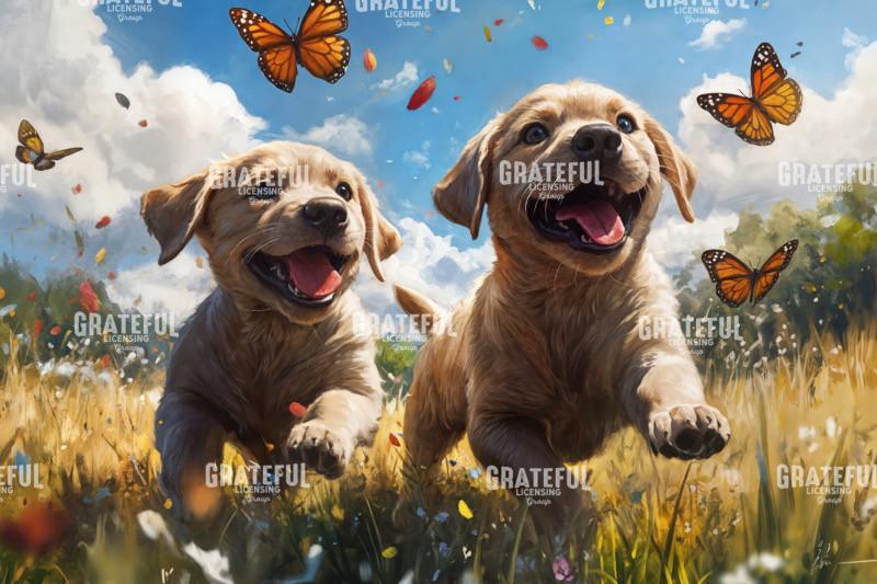 Puppies Chasing Butterlies in a Field 2