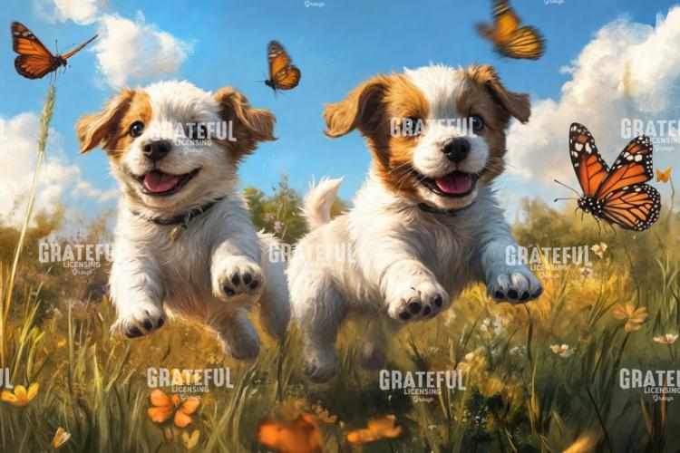 Puppies Chasing Butterlies in a Field 3