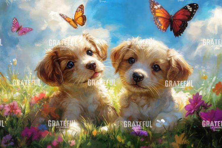 Puppies Chasing Butterlies in a Field 4