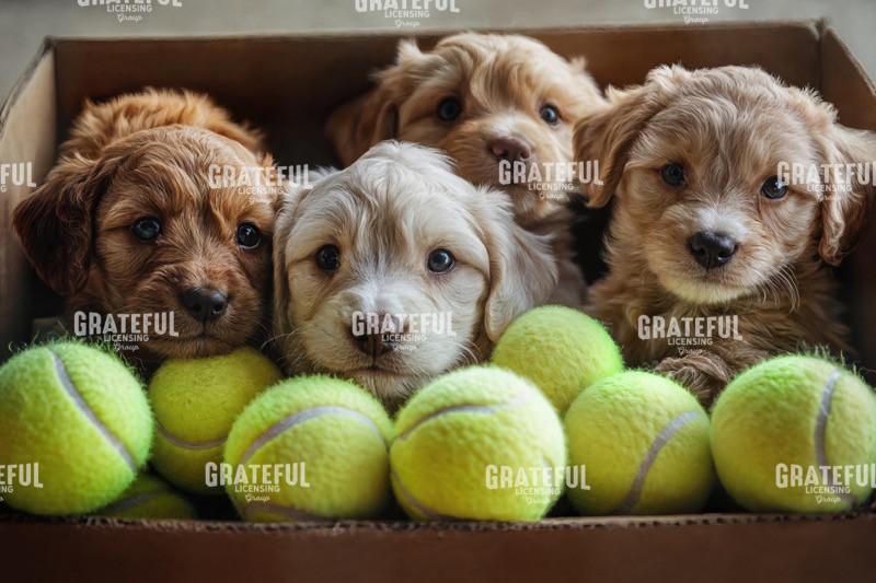 Puppies in a box of tennis balls 1