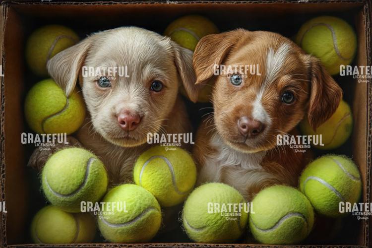 Puppies in a box of tennis balls