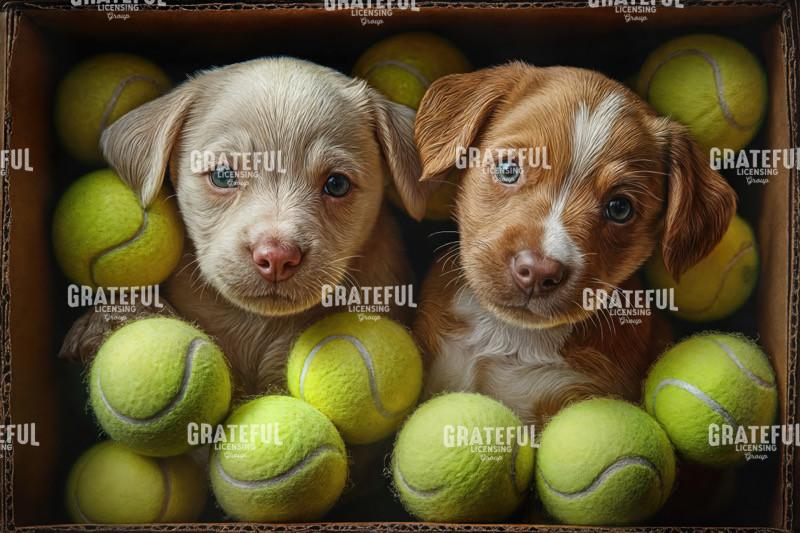 Puppies in a box of tennis balls