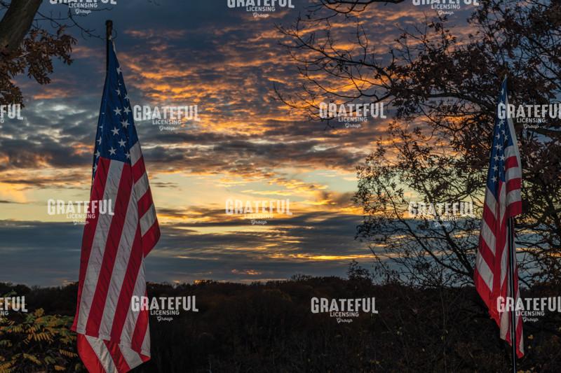 American flags sunset