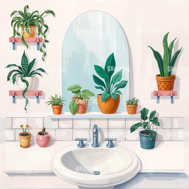 Classic Bathroom Sink with Mirror and Plants