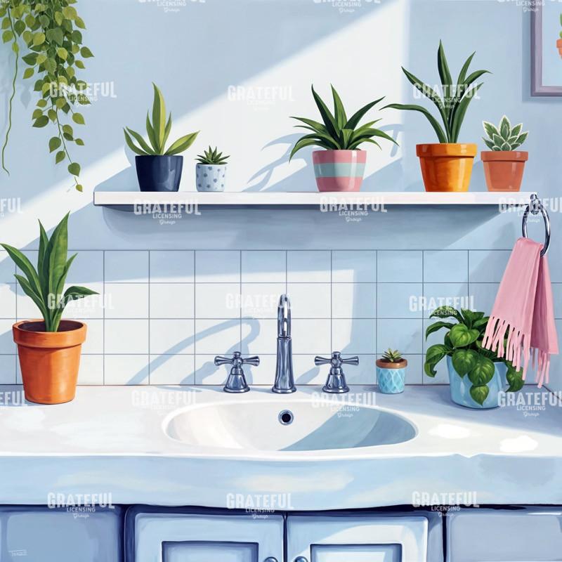 Tile Bathroom Sink With Potted Plants