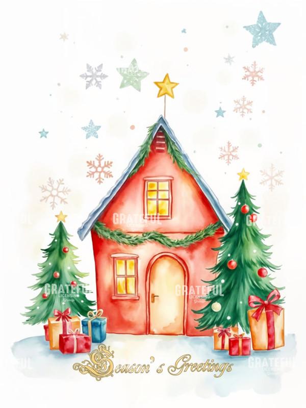 Red House With Christmas Tree Seasons Greetings