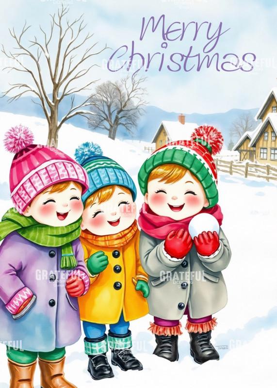 Three Happy Children Merry Christmas