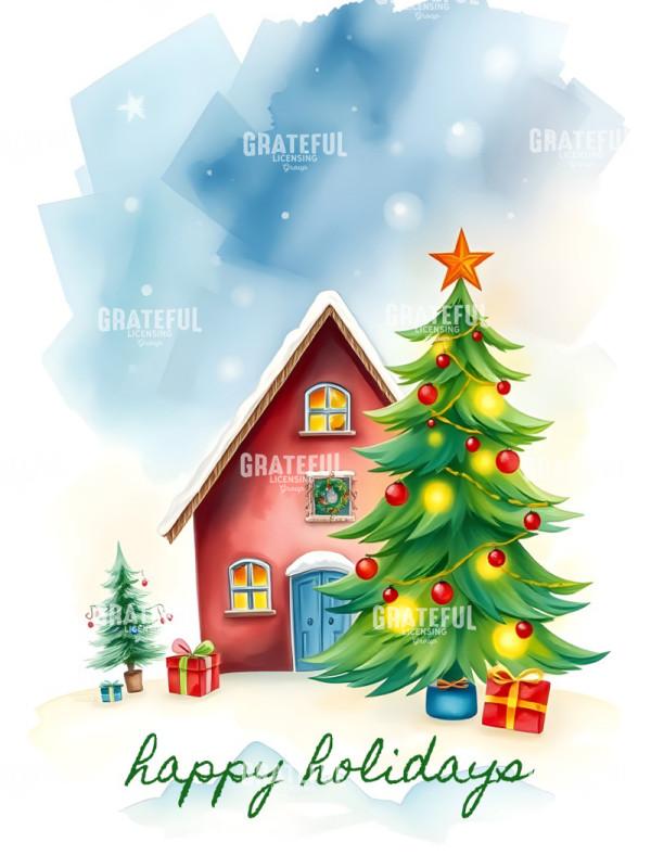 Red House Happy Holidays Text Watercolor