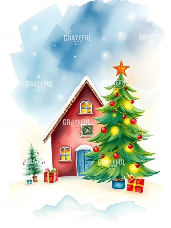 Red House With Christmas Tree Watercolor