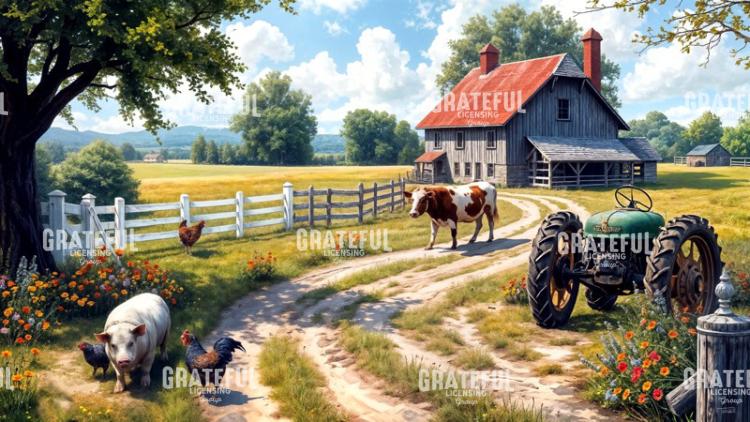 Weathered Farmhouse with Green Tractor