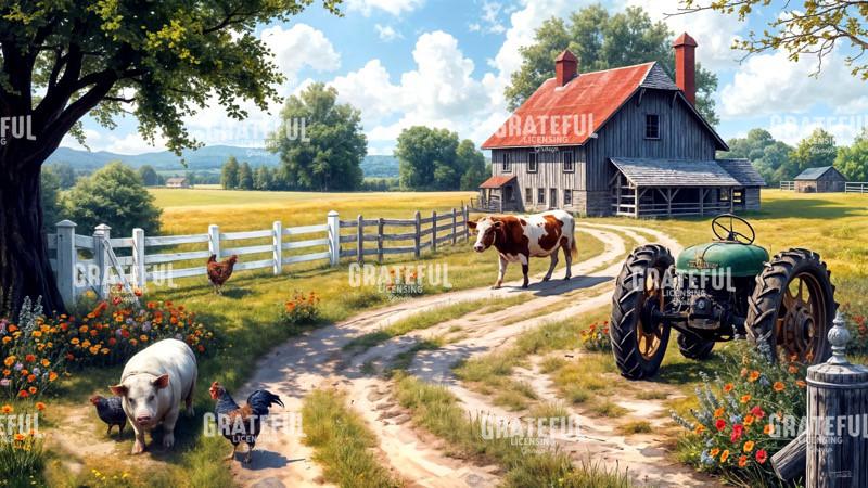 Weathered Farmhouse with Green Tractor