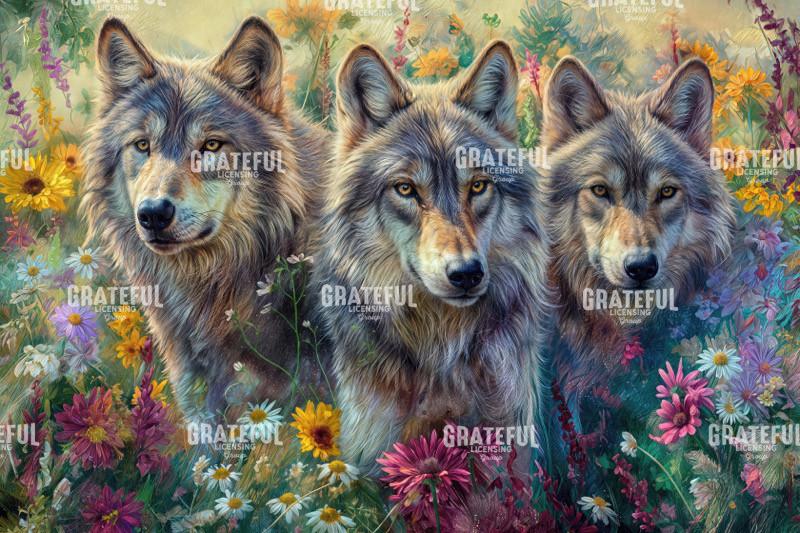 Wolves in Wildflowers Painting