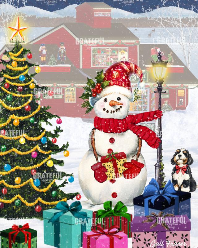 Snowman General Store with Gift and Dog