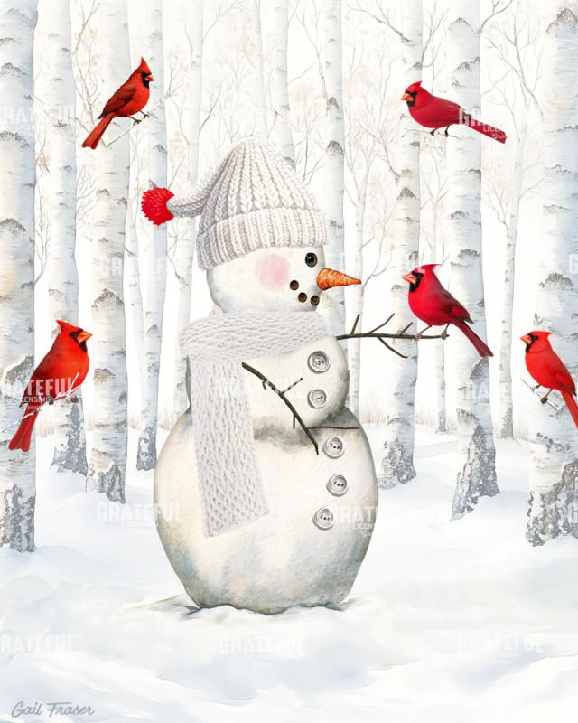 Snowman Birch Trees with Cardinals