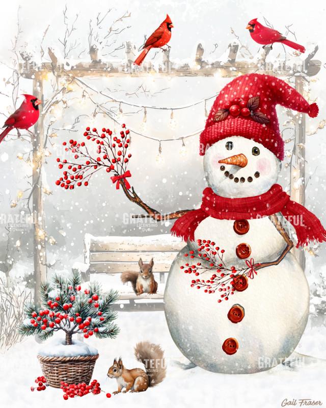 Snowman Arbor with Cardinals